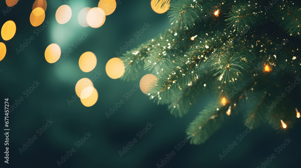 Decorated Christmas tree on blurred background.