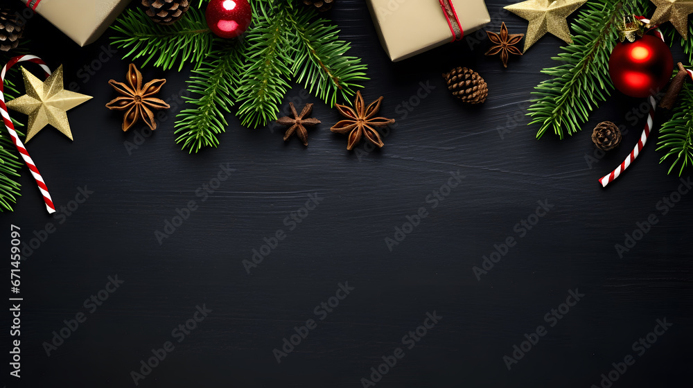 Christmas or New Year dark wooden background, Xmas black board framed with season decorations, space for a text, view from above