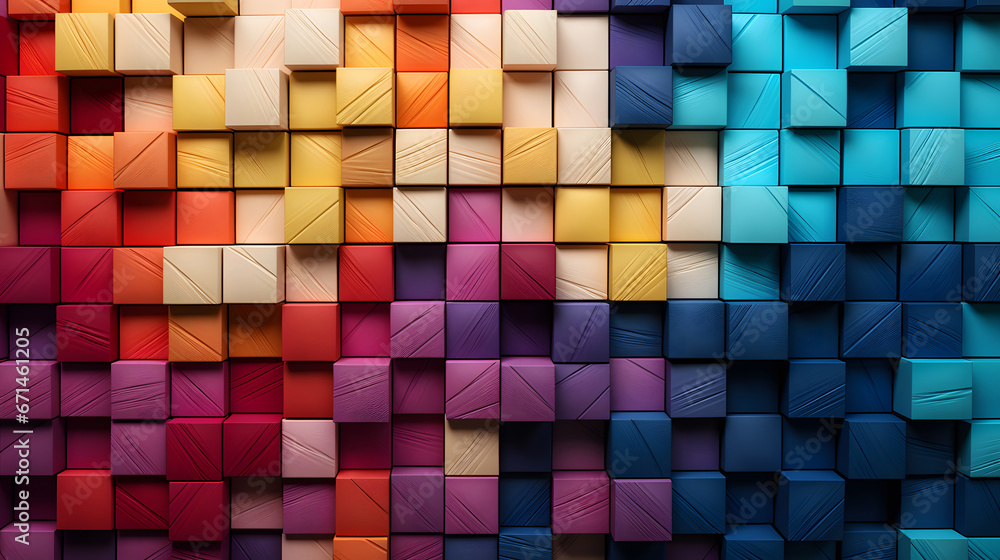 Colorful background of wooden blocks. A Spectrum of multi colored wooden blocks aligned. Background or cover for something creative or diverse. Colorful wooden blocks aligned. 3d render