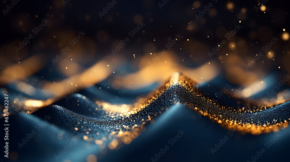 abstract background with Dark blue and gold particle. Christmas Golden light shine particles bokeh on navy blue background. Gold foil texture. Holiday concept.