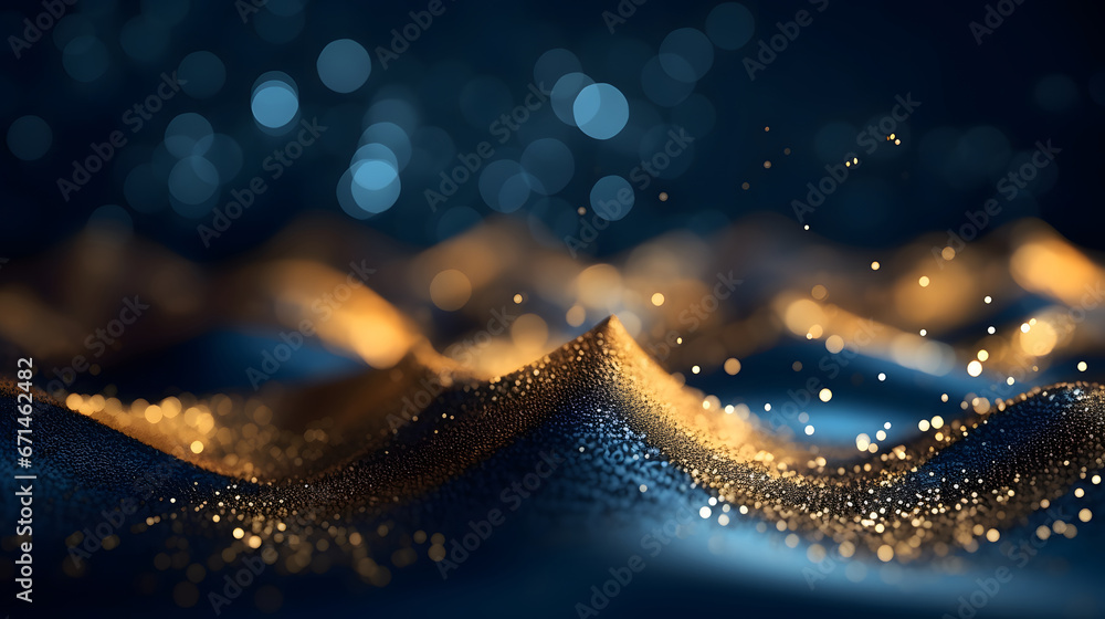 abstract background with Dark blue and gold particle. Christmas Golden light shine particles bokeh on navy blue background. Gold foil texture. Holiday concept.