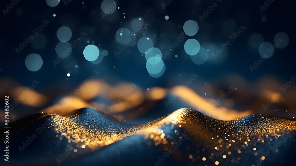 abstract background with Dark blue and gold particle. Christmas Golden light shine particles bokeh on navy blue background. Gold foil texture. Holiday concept.