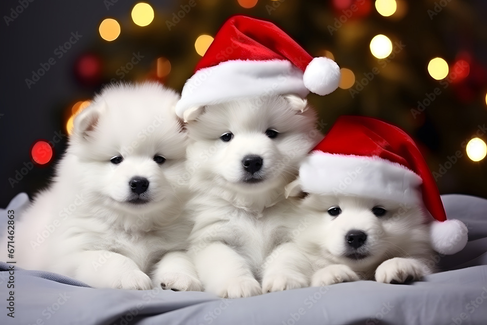 White Samoyed dog puppies in red Santa hats lie on a blanket under the Christmas tree against the background of Christmas lights