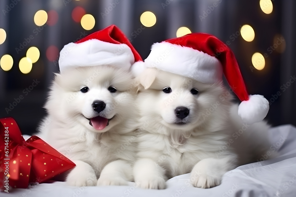 White Samoyed dog puppies in red Santa hats lie on a blanket under the Christmas tree against the background of Christmas lights