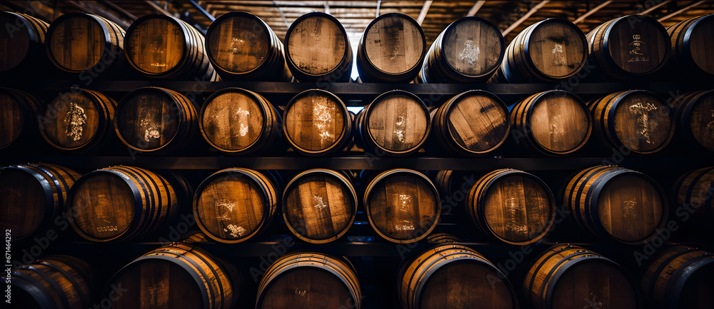 Rows of traditional full whisky barrels, set down to mature, in a large warehouse facility, Whiskey, bourbon, scotch barrels in an aging facility