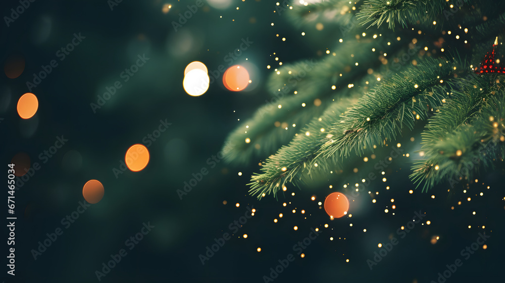 Decorated Christmas tree on blurred background.