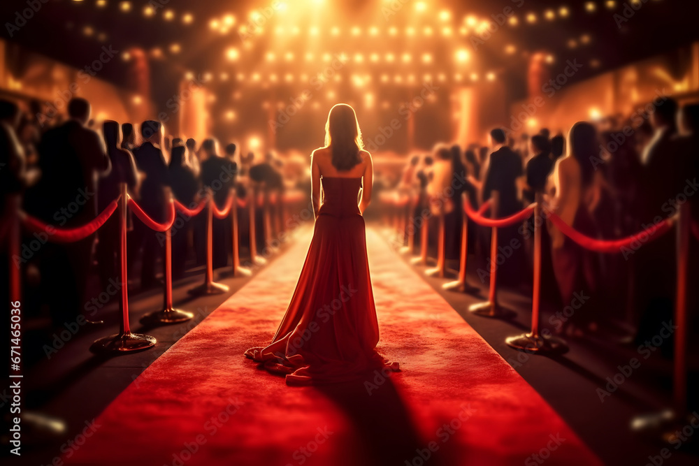 Red carpet rolling out in front of glamorous movie premiere with paparazzi in the background