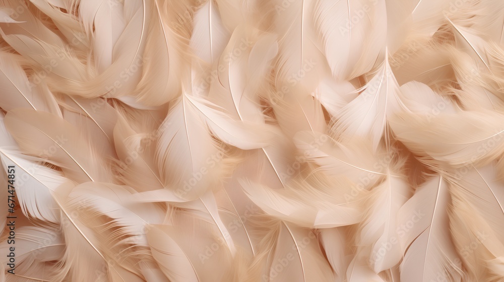 Feathers background with beige colors blend and aesthetic soft style. Fragile and sensitive elements from nature. Neutral pastel design. Beautiful wallpaper with natural texture. Purity and beauty.