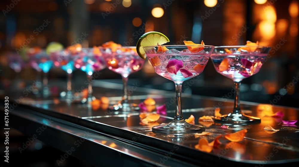 A group of stylish pink girlish cocktails in glasses with high stems at the bar counter. Generative AI