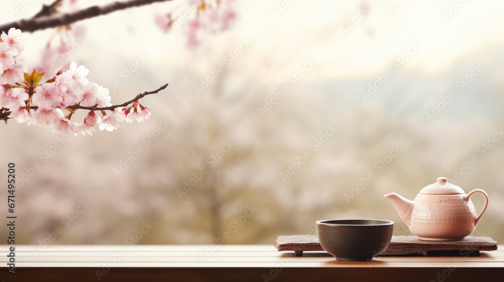 Tea ceremony, traditional teapot and ceramic cups on wooden tray on light background with sakura blossoms. Generative AI