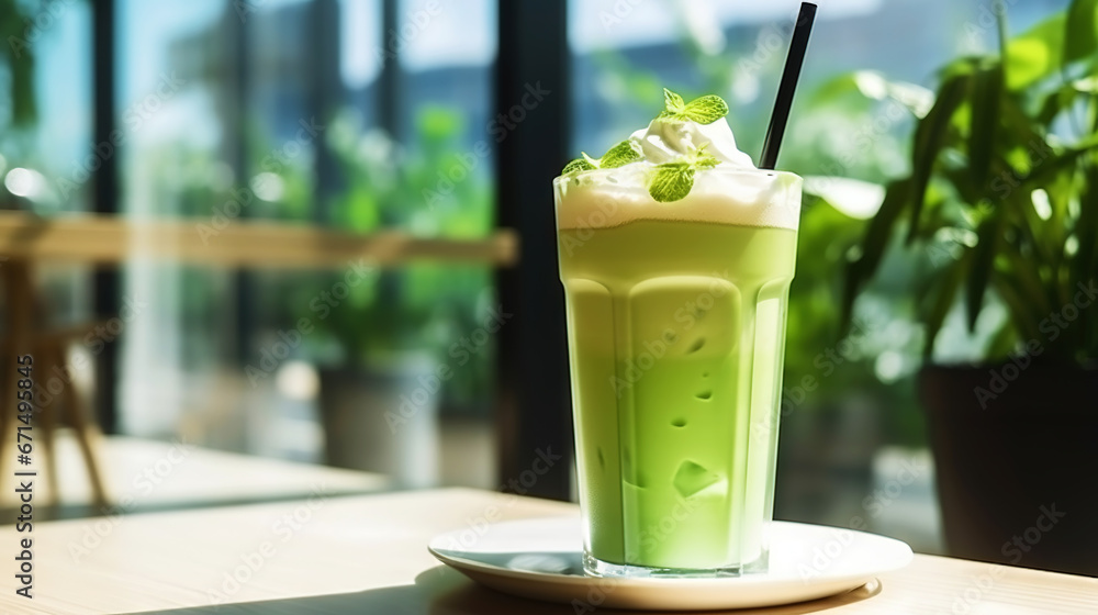 Closeup of iced matcha latte in a stylish glass on sunny background in front of the window in a cafe. Generative AI