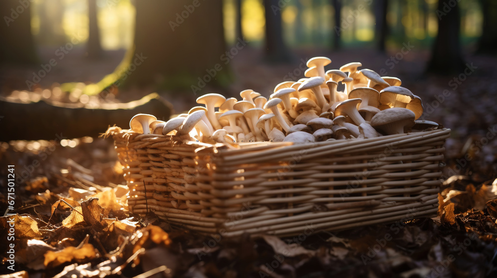 Oyster mushrooms in a wooden basket on a blurred background of the autumn forest. Generative AI