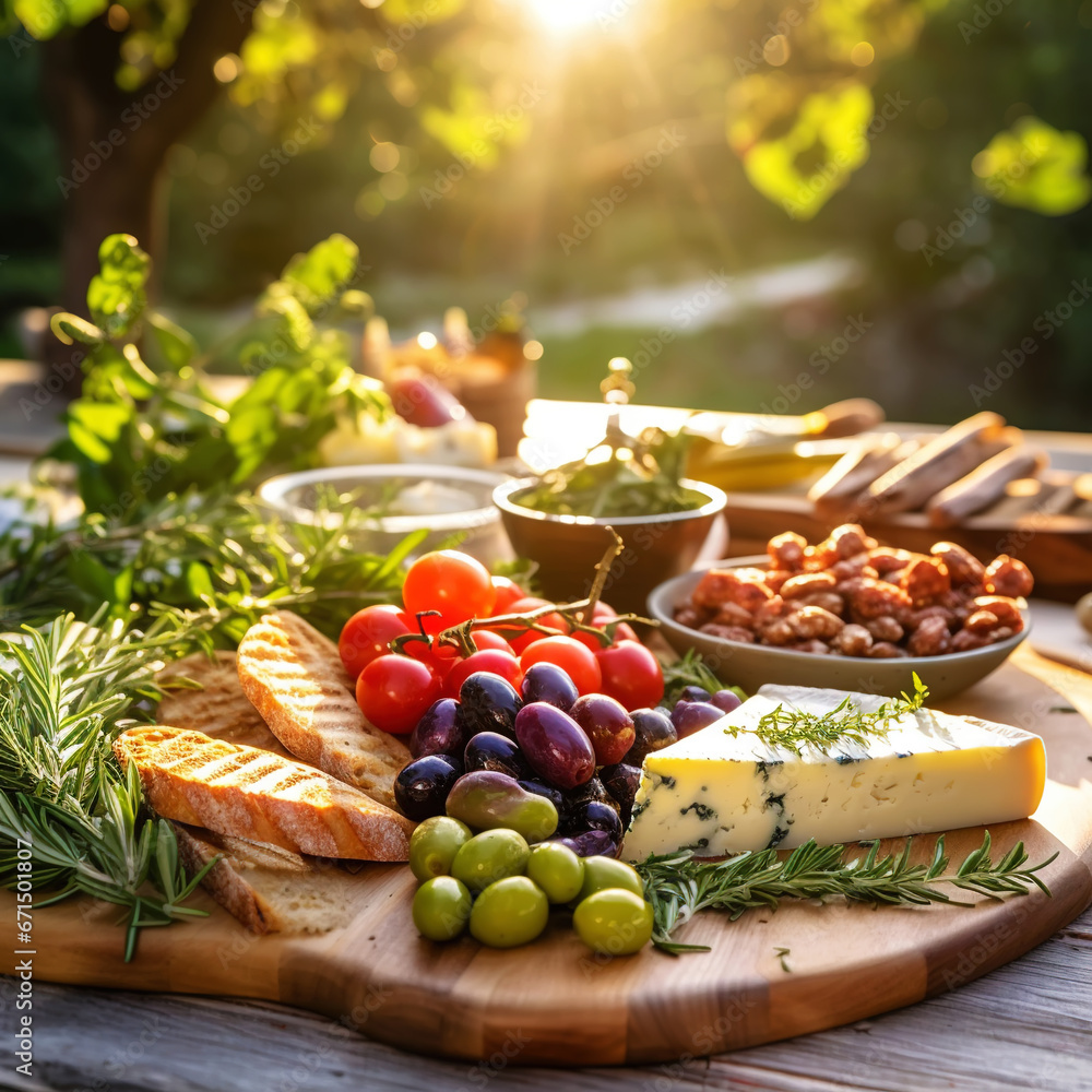 Mediterranean brunch with delicious tomatoes, ciabatta, olives, rosemary and cheese in an olive garden. Generative AI