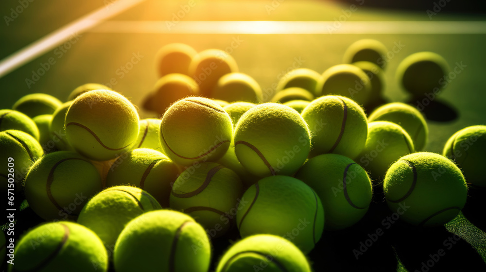 Closeup of a plenty of tennis balls on an empty tennis court, the sunshine. Sports lifestyle concept. Generative AI