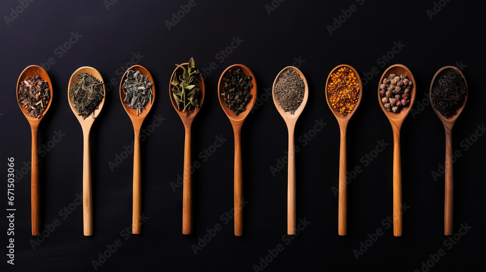 Different types of tea and herbs in vintage wood spoons, top view on dark background. Copy space. Generative AI