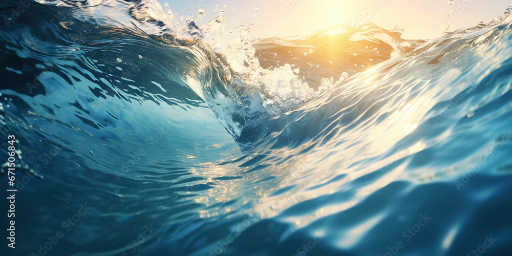 Closeup of the ocean wave. The sea in the light of summer sunset. Travel, vacation concept. Generative AI