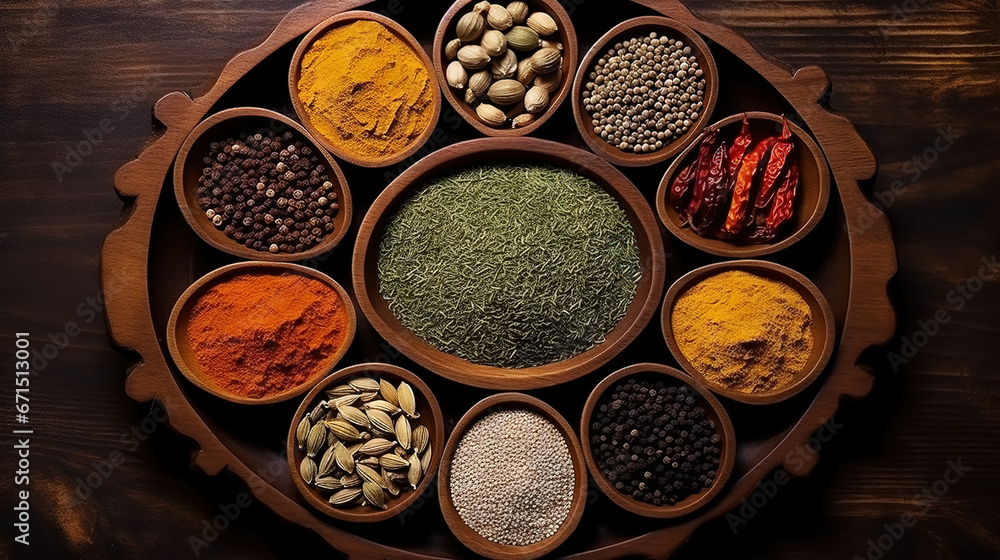 Collection of different aromatic spices and herbs in a wooden plates on dark background, view from above. Generative AI