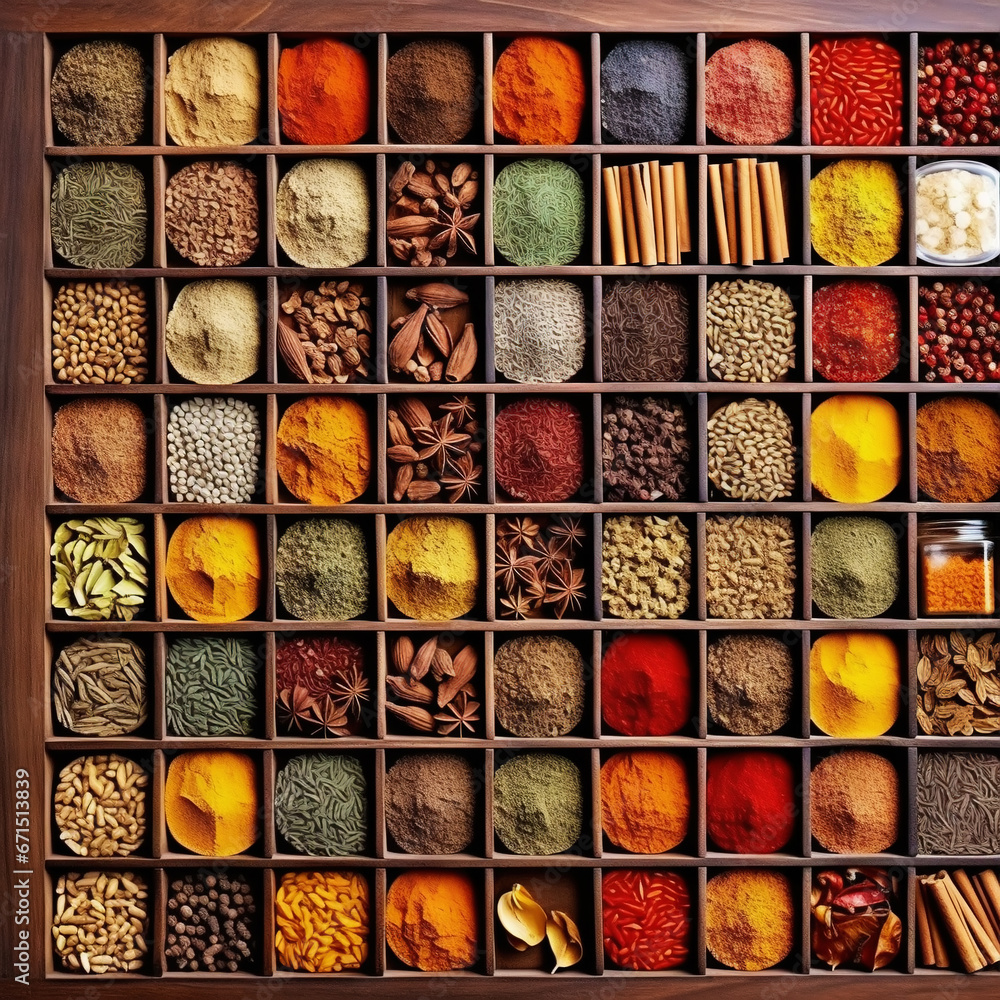 Collection of different aromatic spices and seeds in a wooden cells on black background, view from above. Generative AI