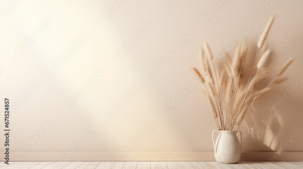 Soft wheat grasses in vase on empty beige wall with light reflection. Calming beige hues. Neutral tones and minimalist aesthetic serene scene. The crop grass with natural elegance and simplicity.