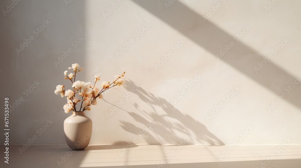 Drawing with vase of flowers with light reflection on it, set against an empty wall background. Aesthetic minimalism, rendered in a soothing palette of beige, natural, and neutral colors.