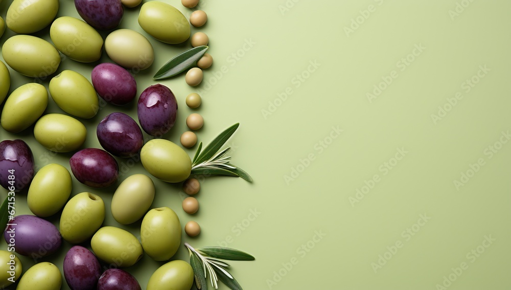 Green and purple olives on a green background with copy space