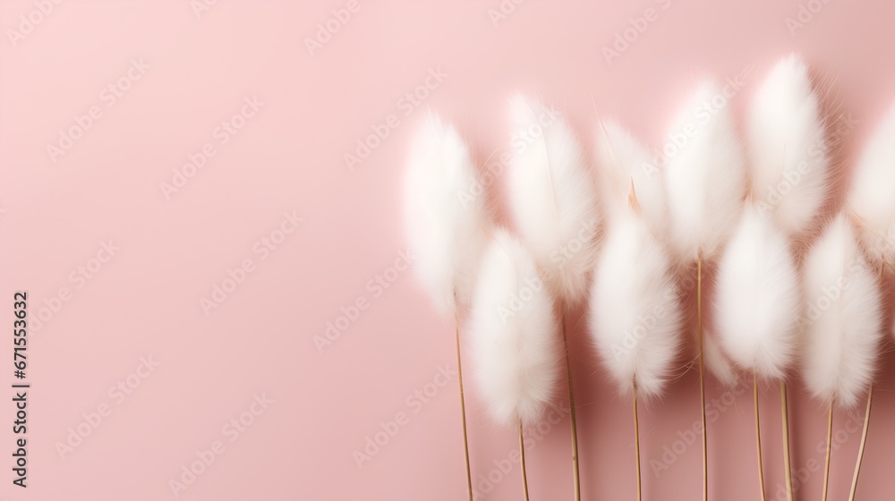 Dried bunny tail grass on pink background. Blush pink and neutral color as aesthetic and minimalism style wallpaper. Natural elements on pastel colored wall with fragile and feminine objects.