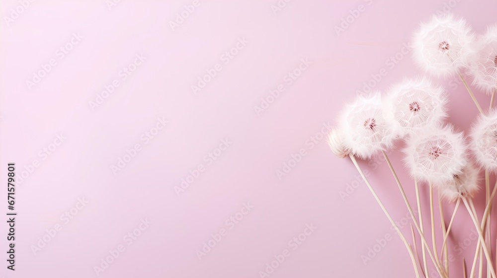 Dandelion fluff background for aesthetic minimalism style background. Blush pink color wallpaper with elegant and light flying fluffs on empty wall. Fragile, lightweight and beautiful nature backdrop.