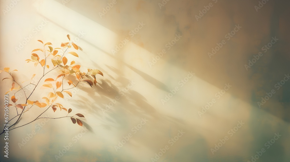 Painting of light reflection on wall with branch. Watercolor pastel colors aesthetic minimalism background with neutral style. Empty wall with color gradients as elegant and simple backdrop