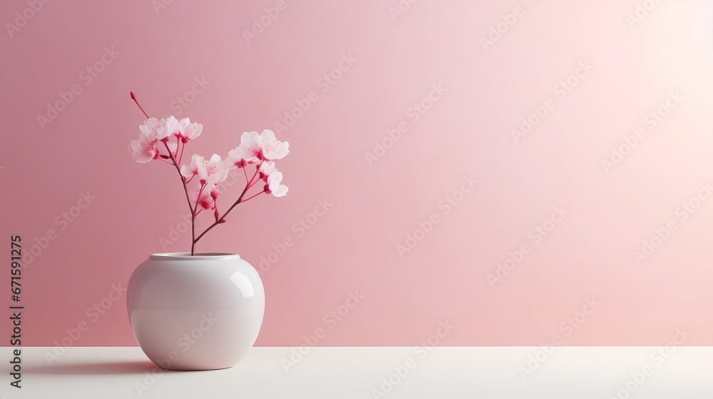 Aesthetic minimalist background with blush pink tones. A simple, elegant vase with a plant is placed against an empty wall for serene and calming atmosphere. Stylish, modern wallpaper or backdrop.