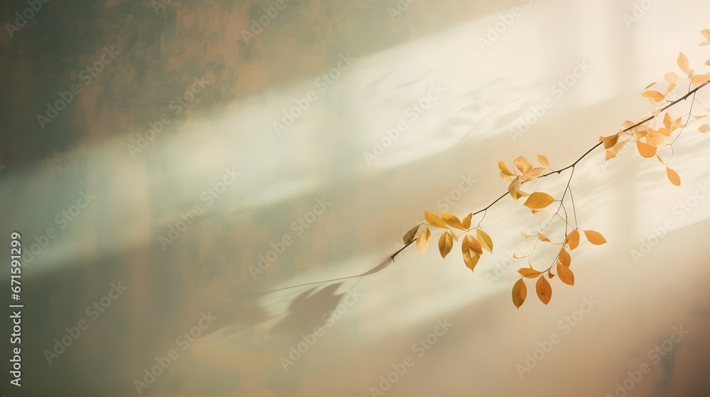 Painting of light reflection on wall with branch. Watercolor pastel colors aesthetic minimalism background with neutral style. Empty wall with color gradients as elegant and simple backdrop