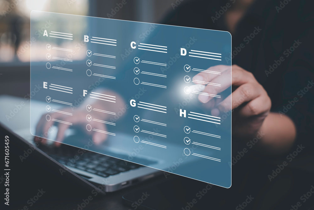 Checklist and clipboard task documentation management Online survey, form checklist by laptop computer, Document Management Checking System, online documentation database and process manage files.