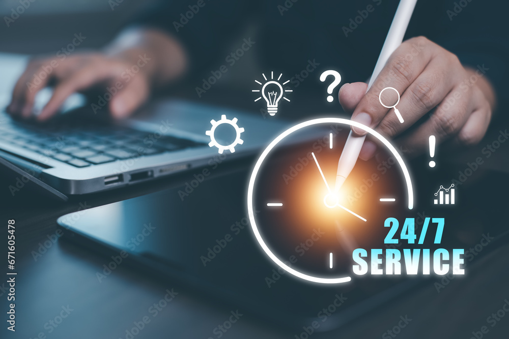 Nonstop Customer Service 24 hr concept. Business people working on laptop virtual 24-7 with the clock worldwide nonstop and full-time available contact of service concept