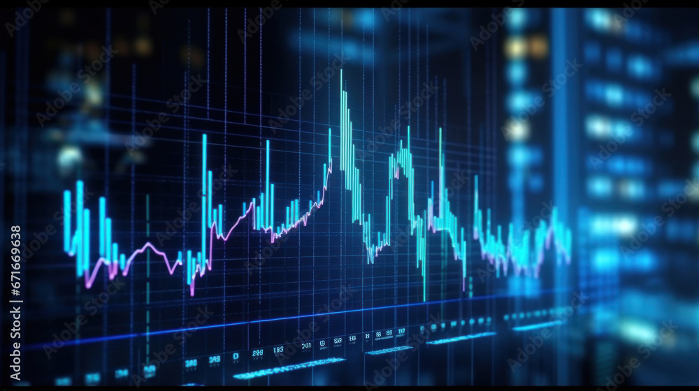 Financial charts of stock market lines over dark background. Digital screen. Concept of finance advisory and international consulting. Huds, numbers and line graphs.