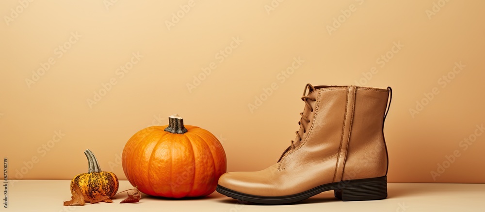 Beige backdrop with a boot and pumpkin Footwear Simplistic design