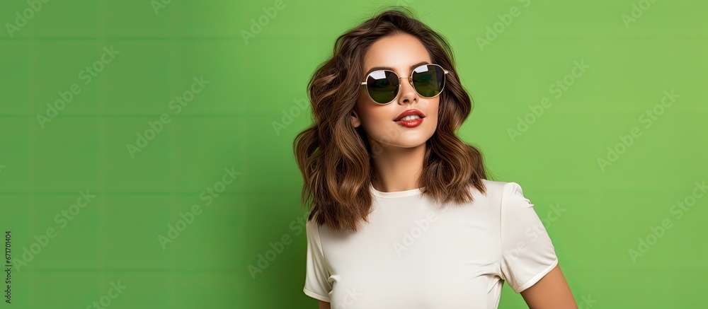 A young lady with sunglasses stands against a backdrop of lush green scenery