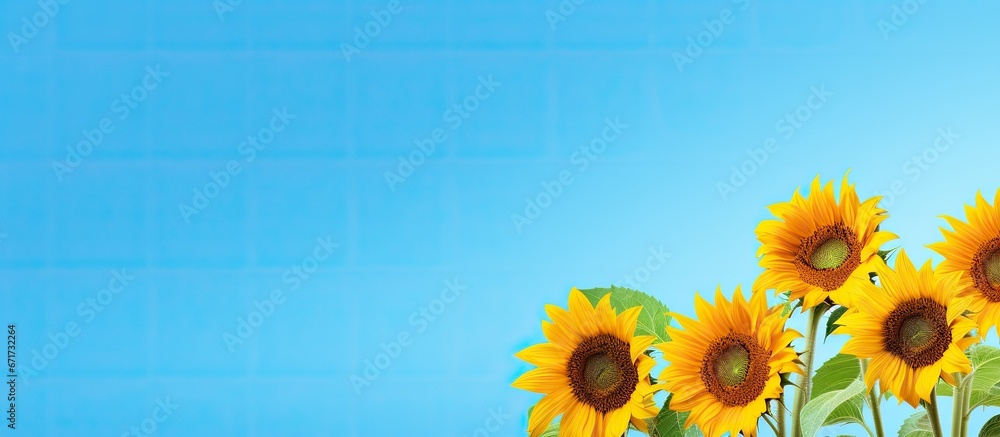 Close up of one vibrant sunflower head amidst a sea of colorful sunflowers set against a blue background