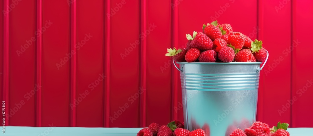 A bucket filled with recently harvested strawberries