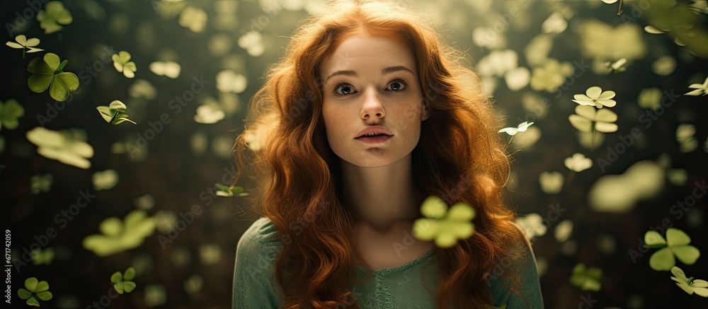 A blurred clover patch lies beneath as a young woman gazes upwards into the camera