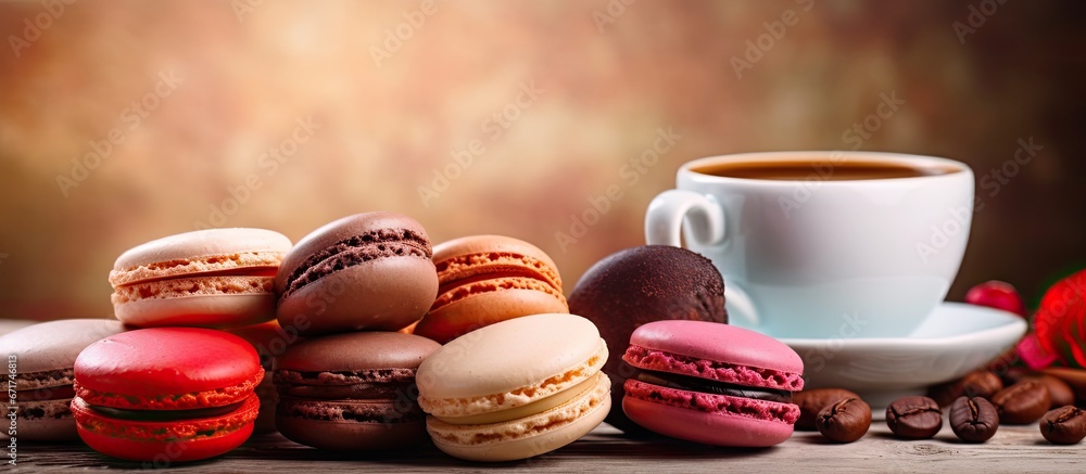 Various types of macarons on a retro backdrop paired with a cup of coffee