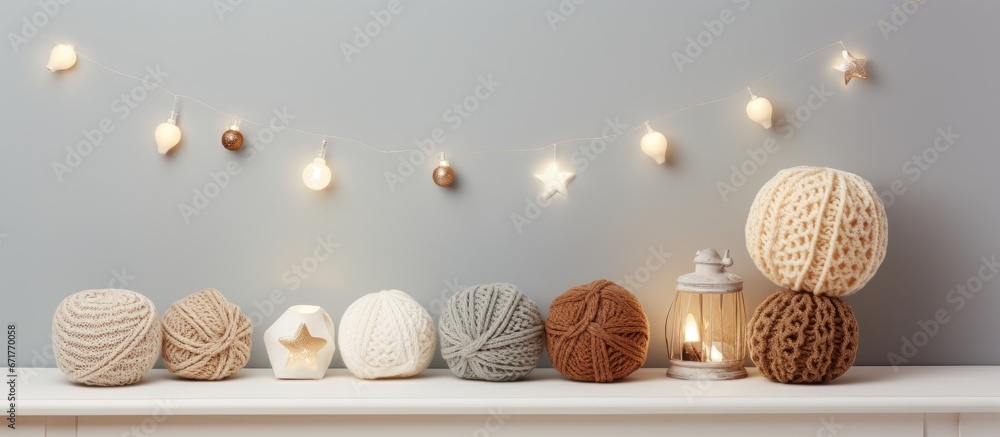 Table near light wall with knitted sweaters and Christmas balls