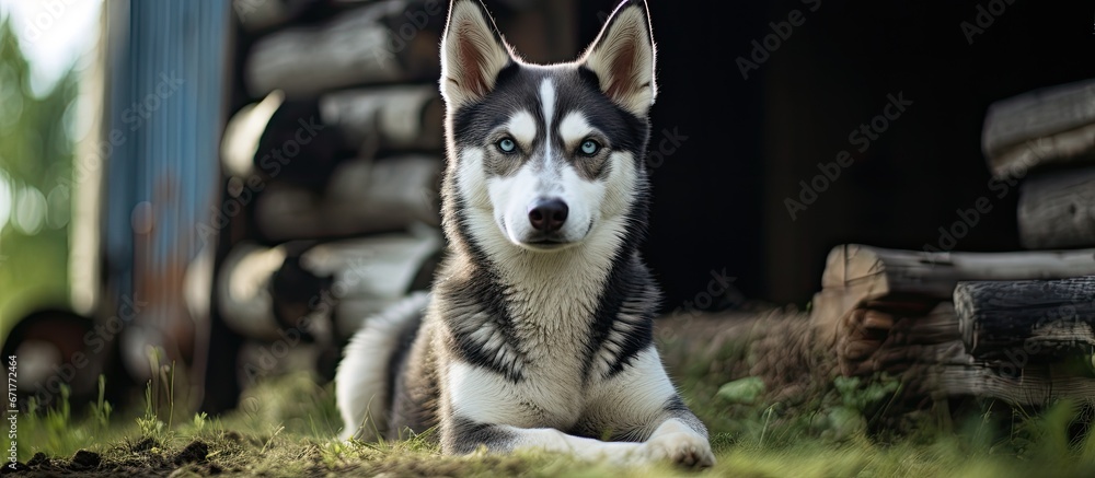 A beautiful and adorable Siberian Husky dog full of joy is depicted in a painting while standing on a farm dedicated to dogs The farm is located in Norway where there are also sleeping dogs 