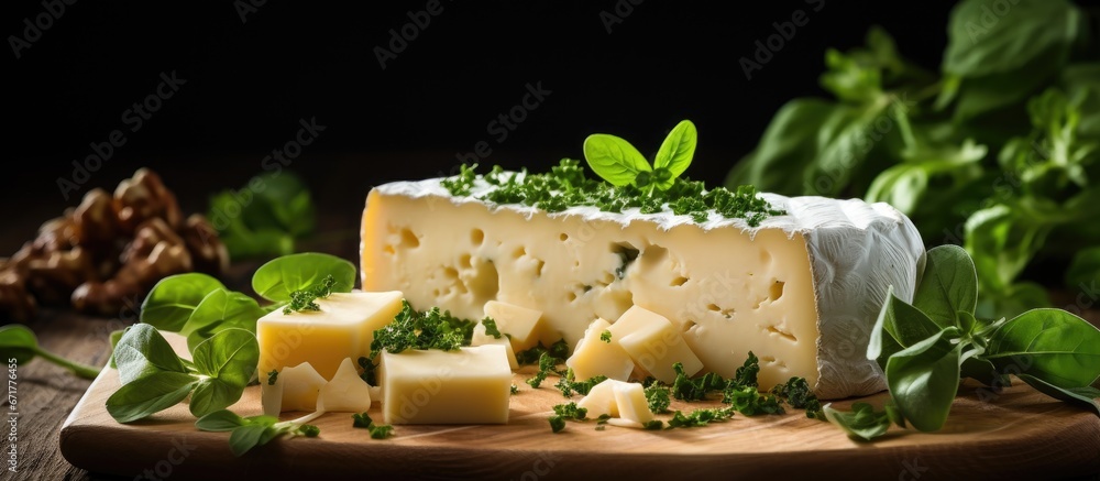 Cheese made from dairy on a backdrop of wooden surface featuring accompanying leafy greens