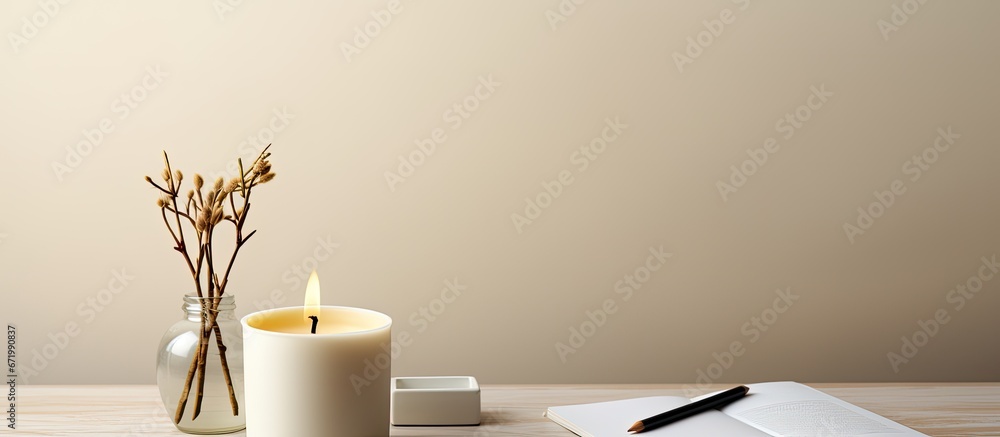 A table that is white in color adorned with a notebook cup and candle