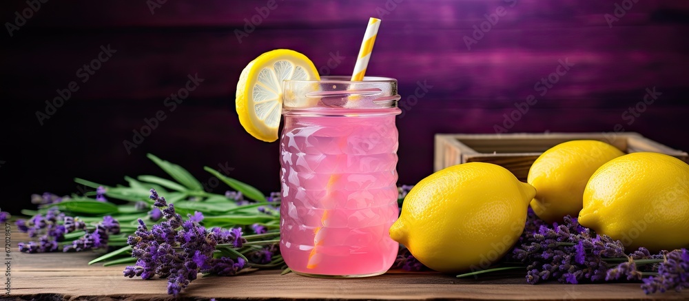 Lemonade infused with lavender and a bottle of syrup placed in a basket can be found at the Farmers Market set against a rustic wooden backdrop