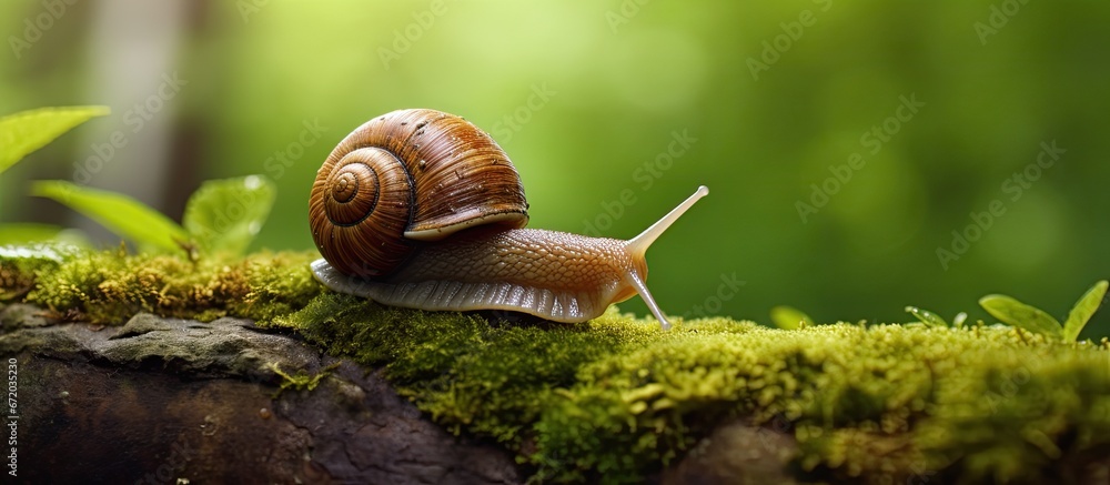 A snail moving at a leisurely pace meanders across a rock in its natural habitat