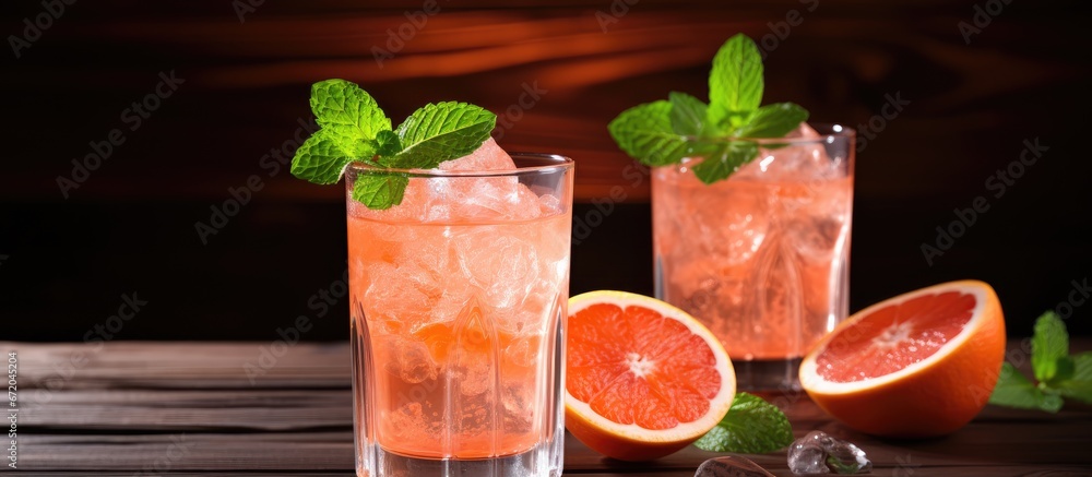 On a wooden background there are glass glasses filled with a refreshing cocktail made with grapefruit ice and mint