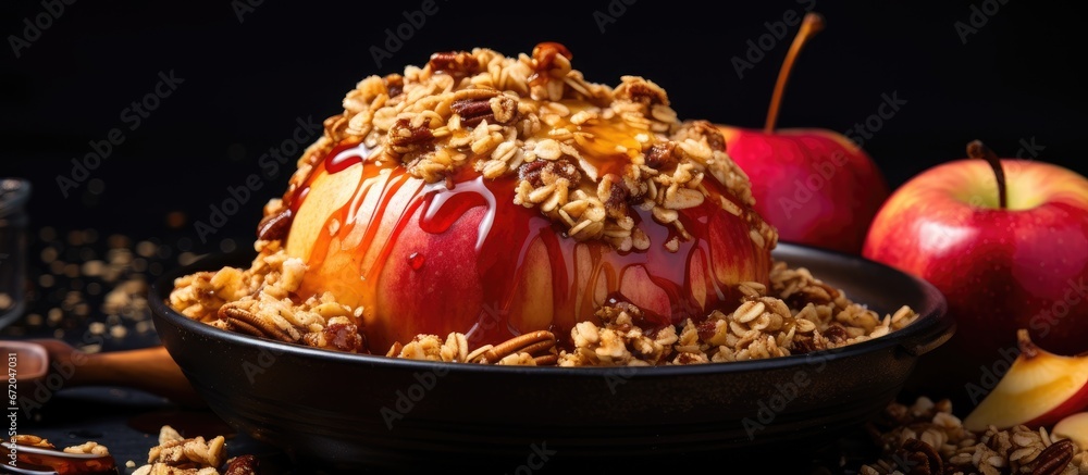 Honey and muesli are used to bake an apple