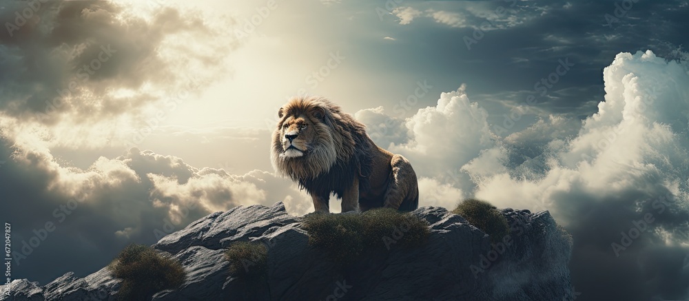 Manipulating a photograph by placing a lion on a cliff within the cloudy backdrop