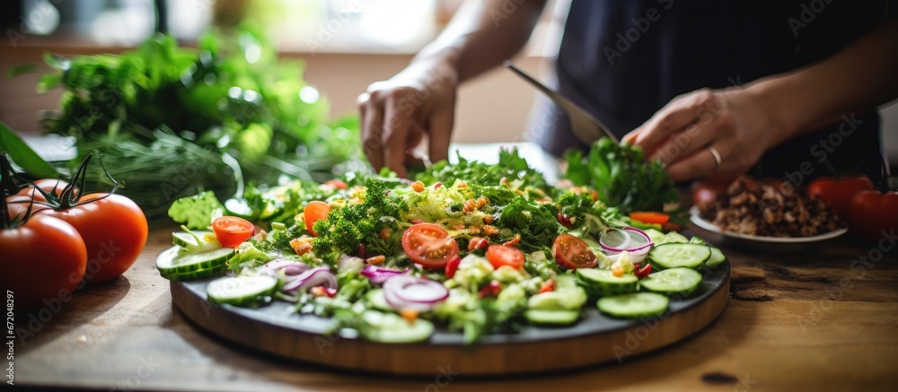 A cheerful youthful lady is getting ready a salad in the kitchen