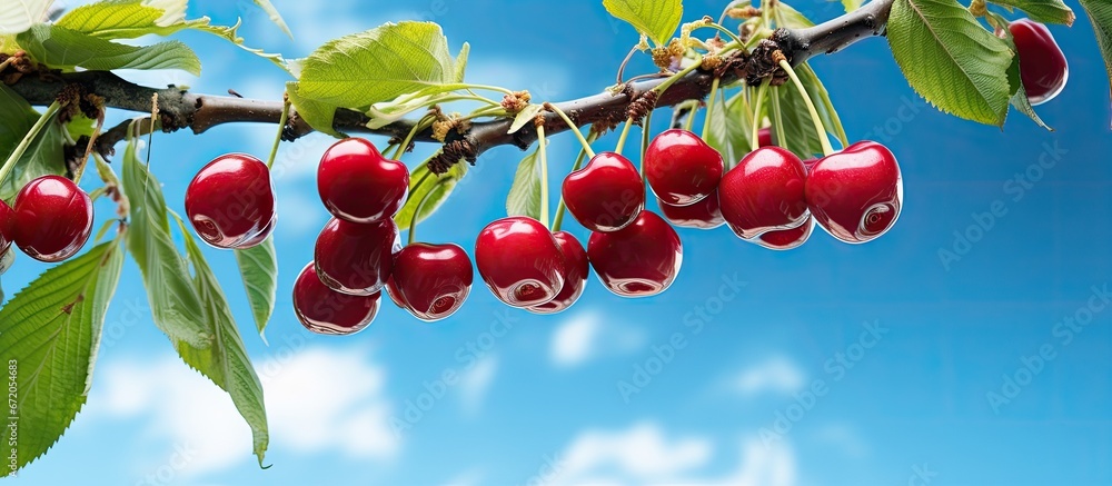 A cherry is flourishing on a branch in front of a backdrop of a clear blue sky